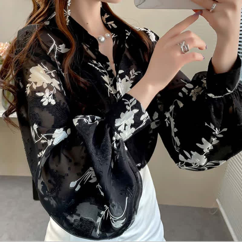 Floral Embroidery Puff Sleeve Chiffon Shirt