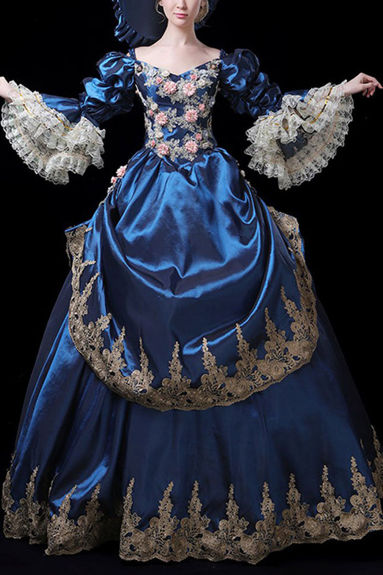 Trumpet Sleeve High Waisted Victorian Gown - 3D Flower Embroidery
