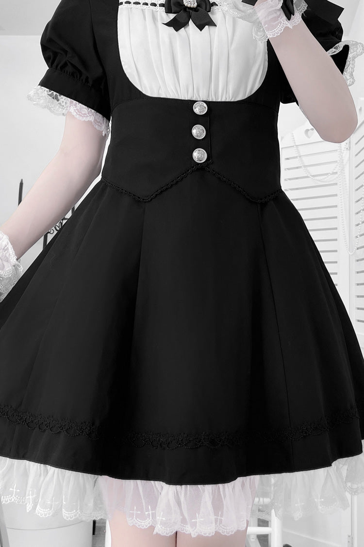 Monochrome Bow-Trimmed Cross-Waist Maid Ensemble with Short Ruffled Sleeves - Sweet Lolita