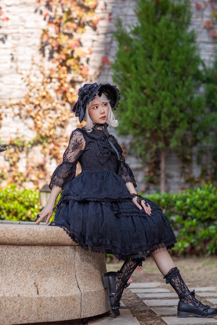 Black Gothic Lolita Dress with Tower of Dawn Bowknot and Ruffled Sleeveless