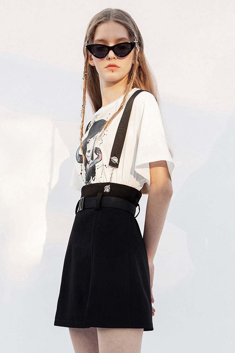 Slate Steel Ring Strap Buckled Split Hem A-Line Punk Skirt for Women