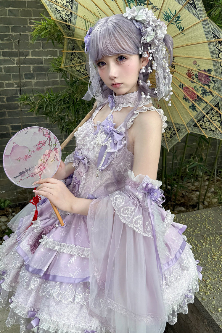 Purple [Prelude of Spring Cherry] Square Collar Sleeveless Multi-Layered Jacquard Ruffled Bow Lace Pearl-Decorated Sweet Lolita Jsk Dress