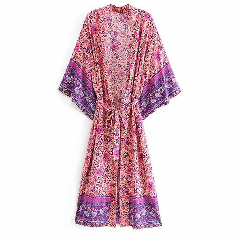 Boho Beach Print Belt Robe Long Cardigan Outerwear