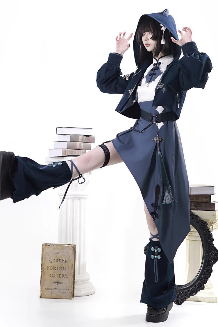 Stand Collar Long Sleeves Embroidered Hooded Asymmetric Punk Ouji Lolita Dress Four-Piece Set - Indigo Shadow Journey