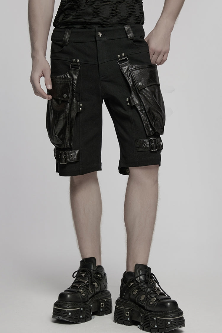Men's Punk Shorts with Faux Leather Trim & Oversized Pockets