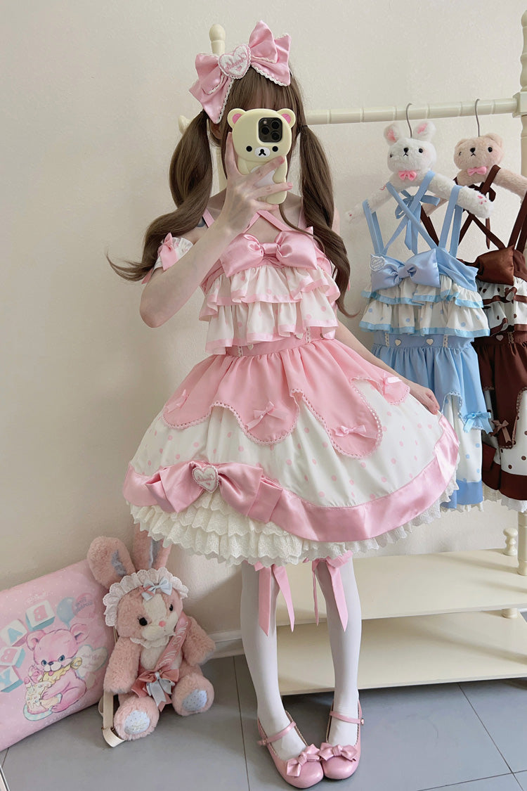 Pink Cream Polka Dot Ruffled Bowknot Sweet Lolita Jumper Dress