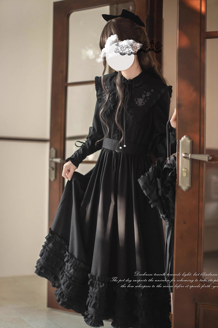 Noir Long Sleeve Ruffle Embroidered Bow Vintage Elegant Dress - Wind Kissed Tulips