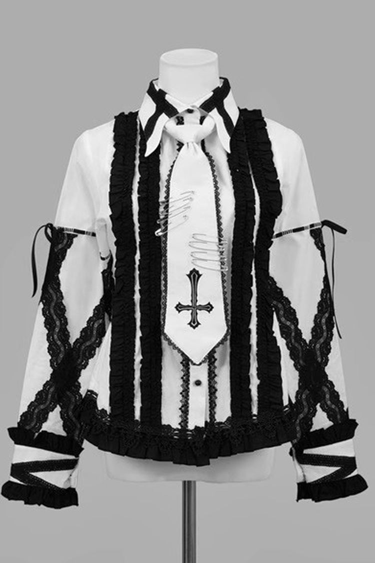 White Black Lapel Collar Long Sleeve Embroidered Gothic Jirai Kei Blouse