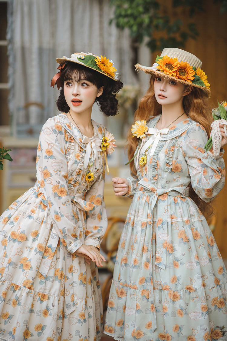 Green Sunflower Long Sleeve Floral Bow Elegant Lolita Dress