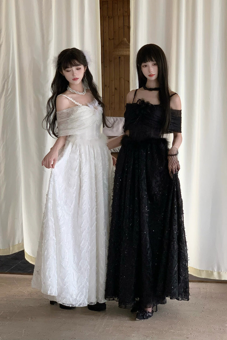 Off-Shoulder Jacquard Dress with Bow and Gothic Style