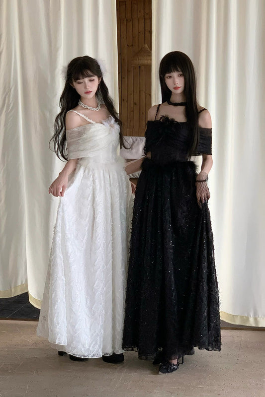 Off-Shoulder Jacquard Dress with Bow and Gothic Style