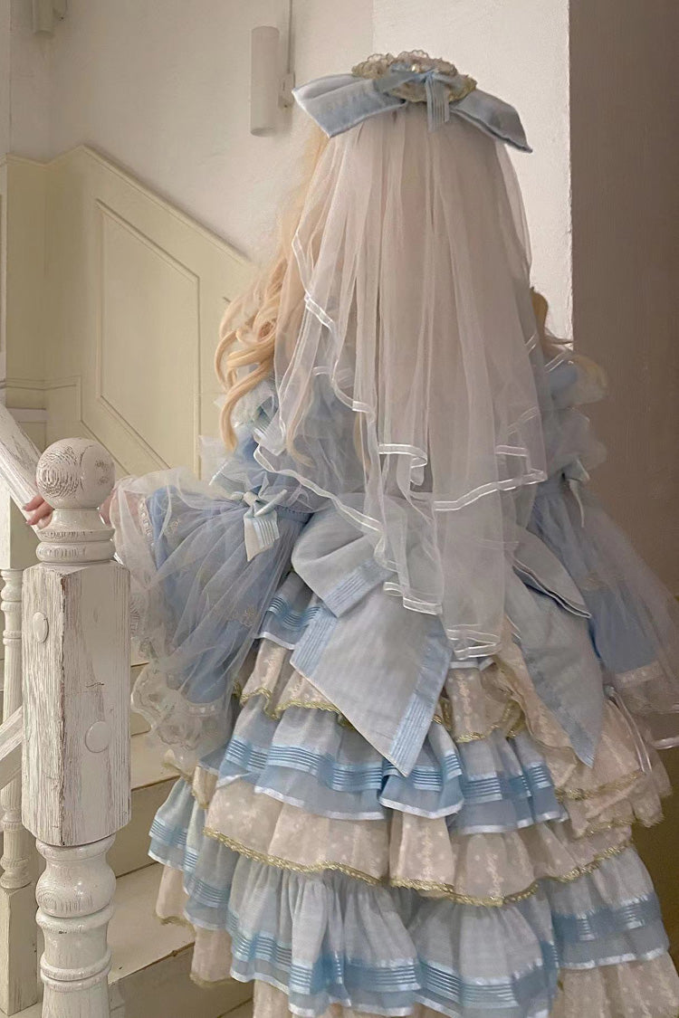 Blue Multilayer Ruffled Bowknot Lace Sweet Princess Lolita Dress