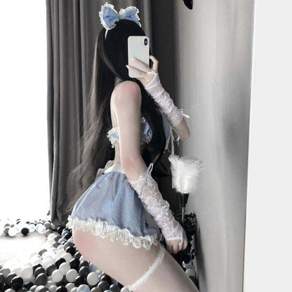 Blue Sexy Maid Lace Bow Stockings Lingerie Dress