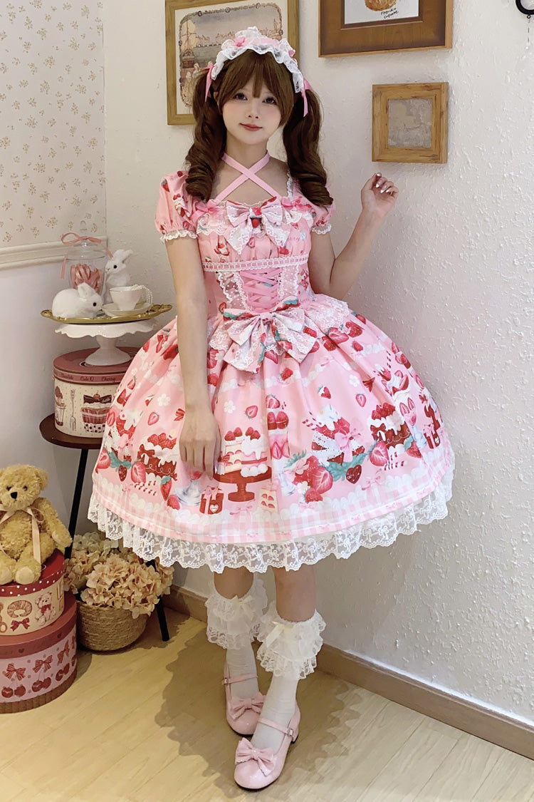 Pink Strawberry Parfait Print Ruffle Bow Lace-Up Lolita Dress