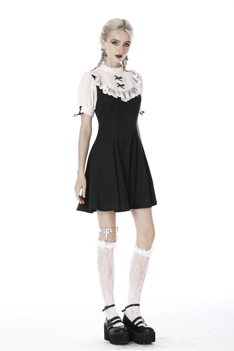 Black/White Stand Collar Short Sleeves Ruffled Women's Sweet Gothic Lolita Doll Midi Dress