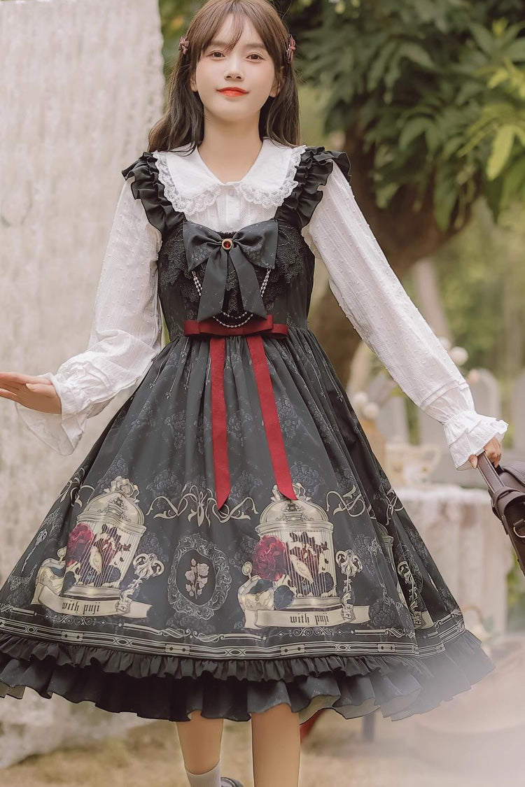 Black Birdcage Rose Print Dress - Gothic Princess