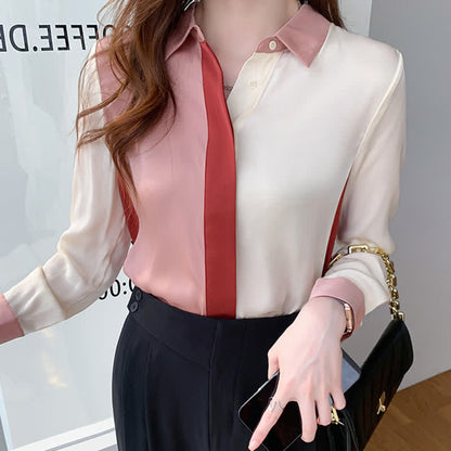 Pink White Colorblock Lapel Shirt Workwear