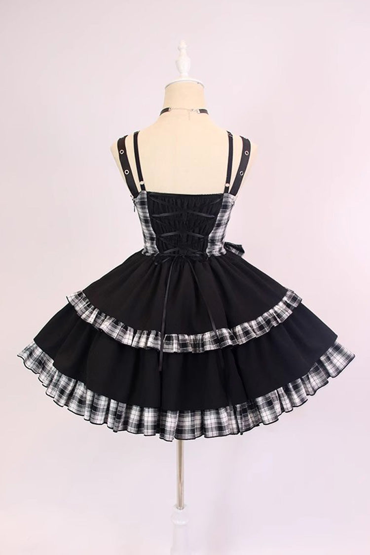 Monochrome Gothic JSK with Plaid, Leather Buckle, and Contrast Ruffles