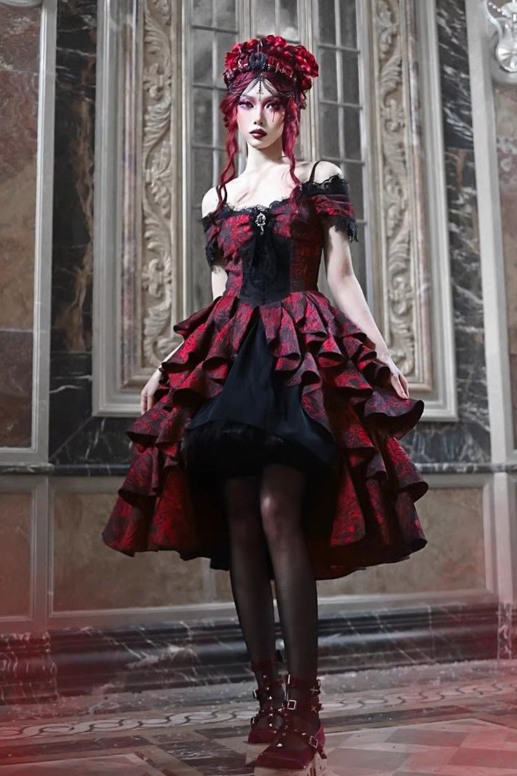 Black Red Feast in Hades Short Sleeve Print Ruffle Cardigan Dress