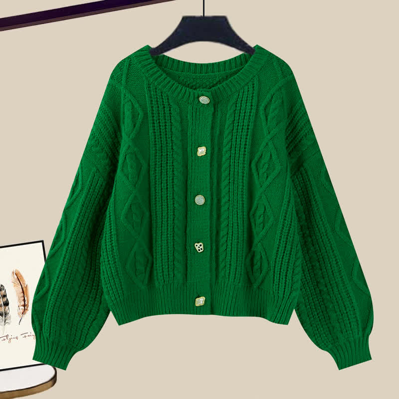 Cable Green Cardigan Sweater Lapel Shirt Denim Pants Set