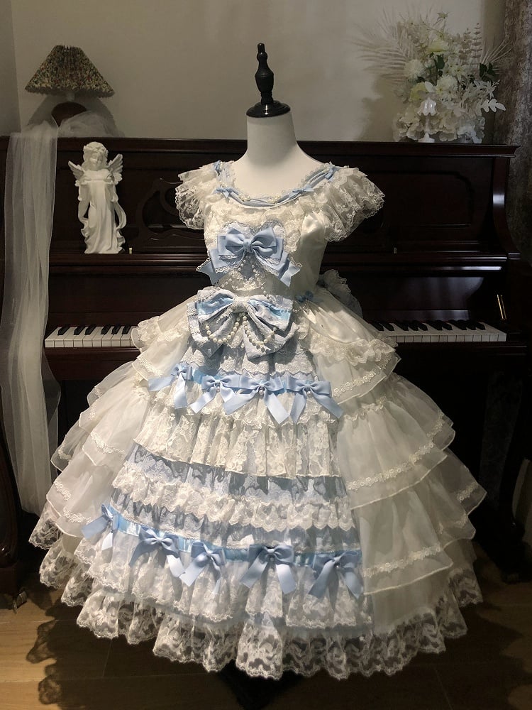 and Hanayome White Hime Full Tiered Skirt Bows Decoration Blue Dress Lolita Set JSK