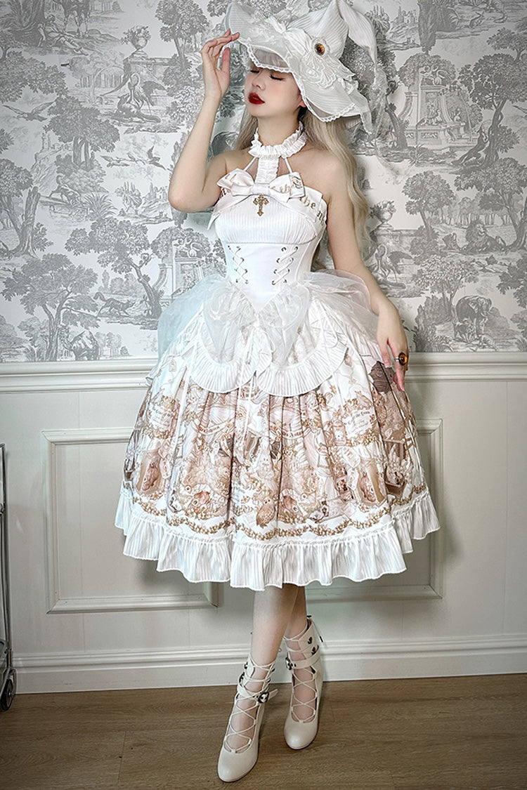 White Halterneck Print Bowknot Drawstring Gothic Lolita Dress