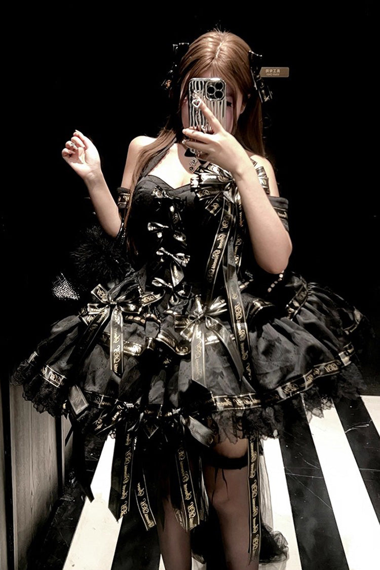 Noir Halter Neck Layered Ruffle Bow Princess Gothic Dress - Young Lady