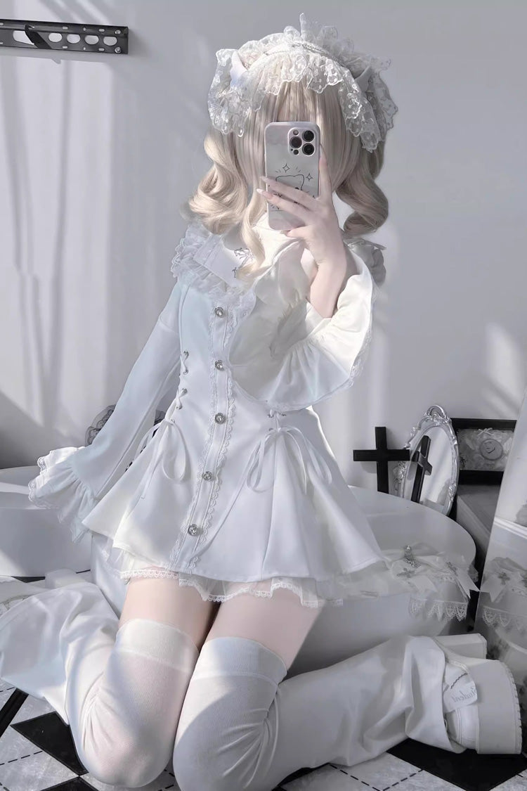 Ivory Flared Sleeves Bow Accent Lace-Up Dark Jirai Kei Set