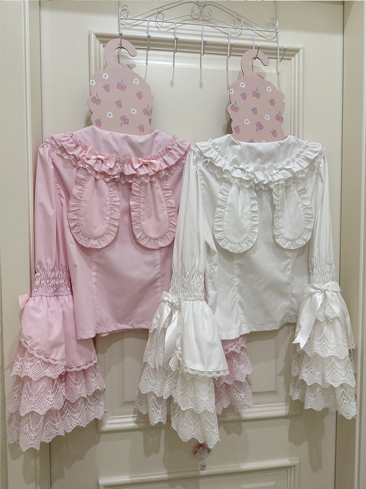 Shirt Bunny White Pink Black / Sleeves Collar Ears Long