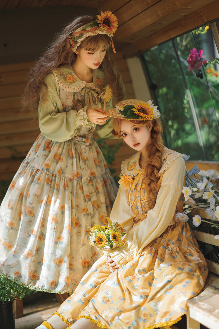 Green Sunflower Sleeveless Floral Bow Elegant Jsk Dress