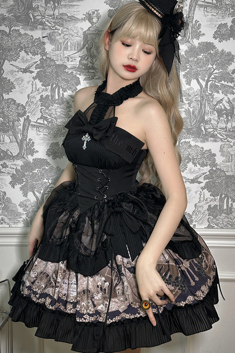 Noir Halter Neck Printed Ruffle Bow Drawstring Gothic Dress - The Mystery of The Doll