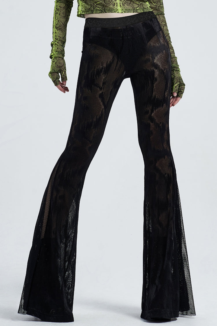 Python-Print Mesh Gothic Flared Trousers in Noir