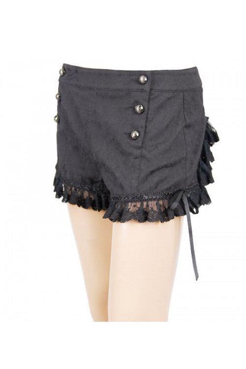 Gothic Jacquard Short Pants for Women in Black with Double-Breasted Buttons & Lace Hem