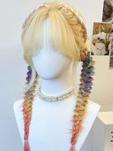 Double Rainbow Yellow Braided Bangs + Ponytails With Wig Synthetic Curtain