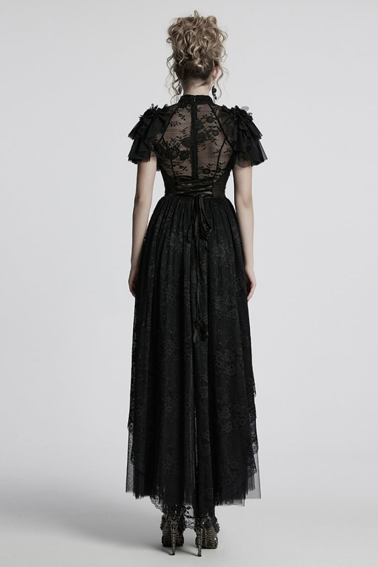 Black Short Sleeves Ruffle Stitching Lace Gothic Layered Ball Gown