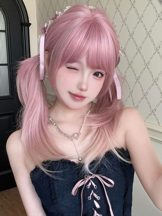 Hair Straight Pink Bangs Length Color Ombre Wig Air With 68CM