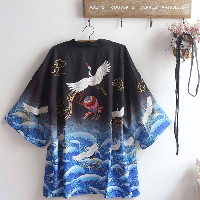 Crane Print Belted Kimono Outerwear Sun Protective