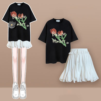 Tulip Cherry Blossom Print T-Shirt Pleated Skirt Set