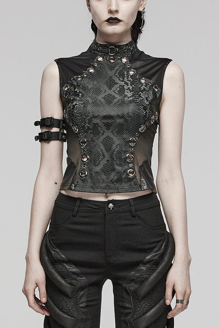 Snake Print Metal Ring Hollow Steampunk Vest - Black Victorian Punk