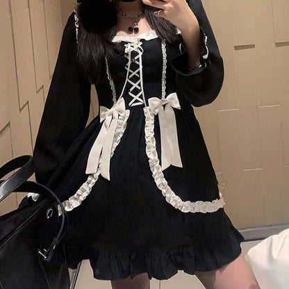 Black Lace Up Lolita Bow-Knot Maid Dress