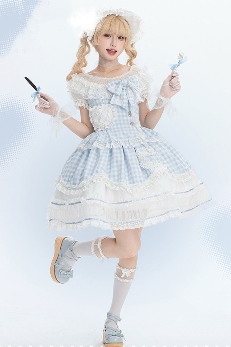 Tea Break Sweetheart Short Sleeve Plaid Print Ruffle Sweet Lolita Gown