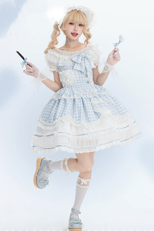 Tea Break Sweetheart Short Sleeve Plaid Print Ruffle Sweet Lolita Gown
