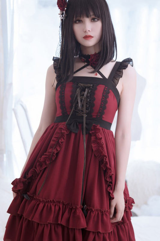 Crimson Seven Deadly Sins Wrath Double-Layer Ruffled Stitch Lace Gothic Lolita JSK