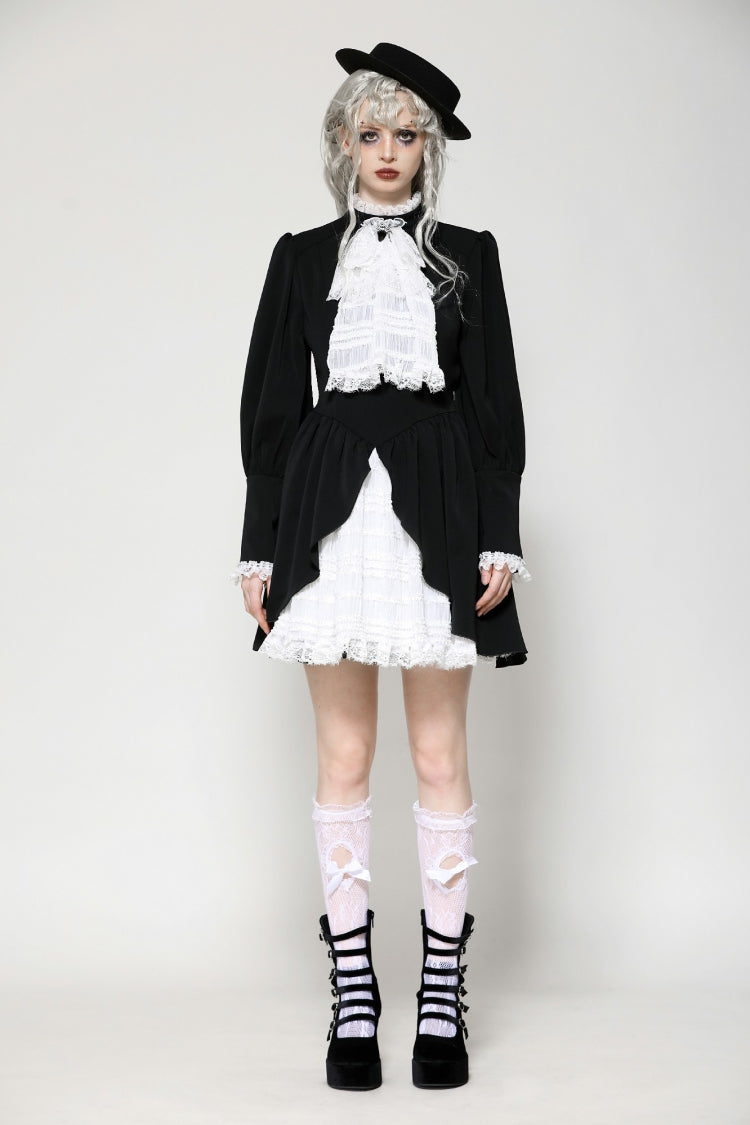 Monochrome Gothic Dress with Pleated Lace, Stand Collar, and Puff Sleeves