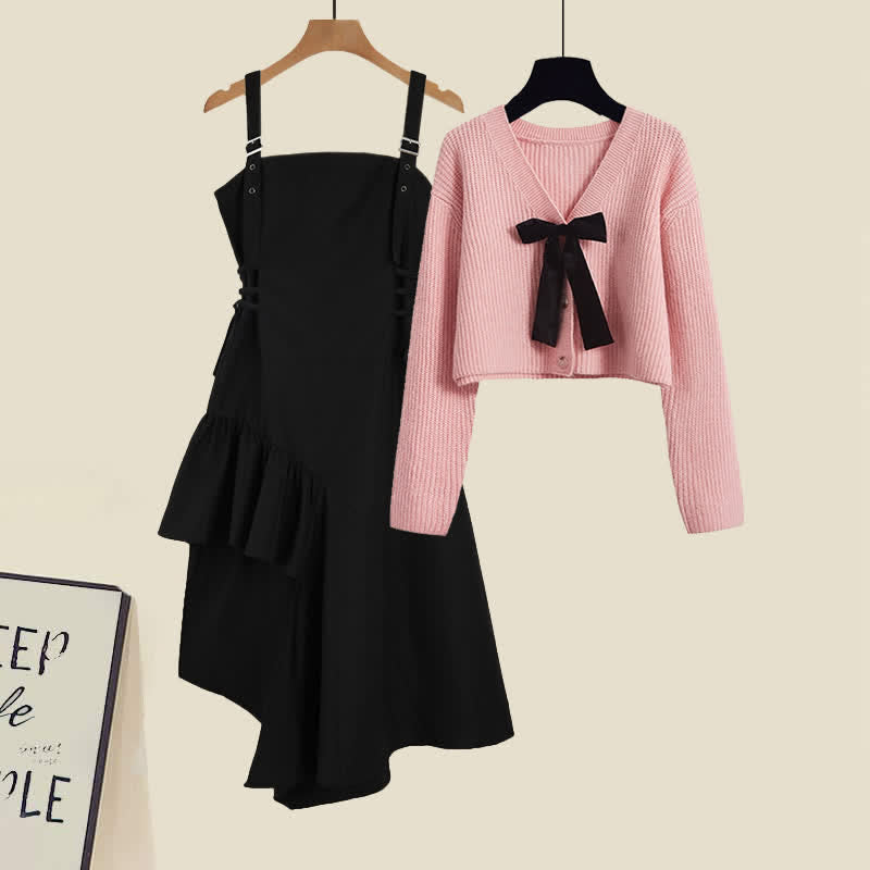 Pink Bow Knot Knit Cardigan Sweater Irregular Suspender Dress