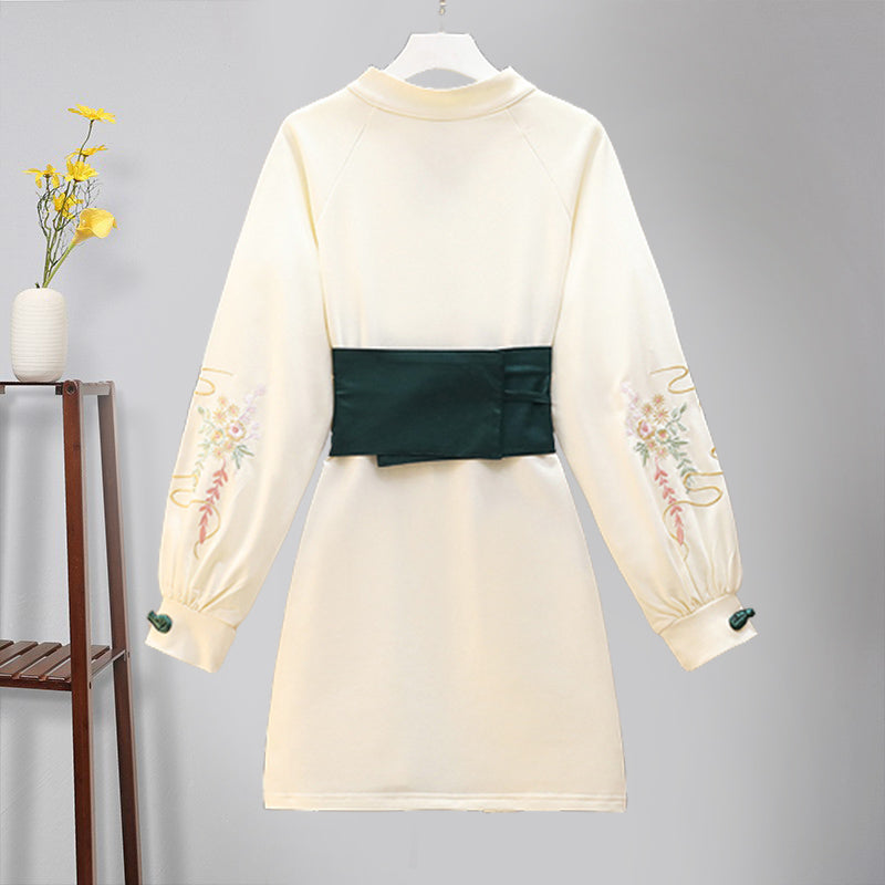 Vintage Crane Embroidery Plush Sweatshirt Dress