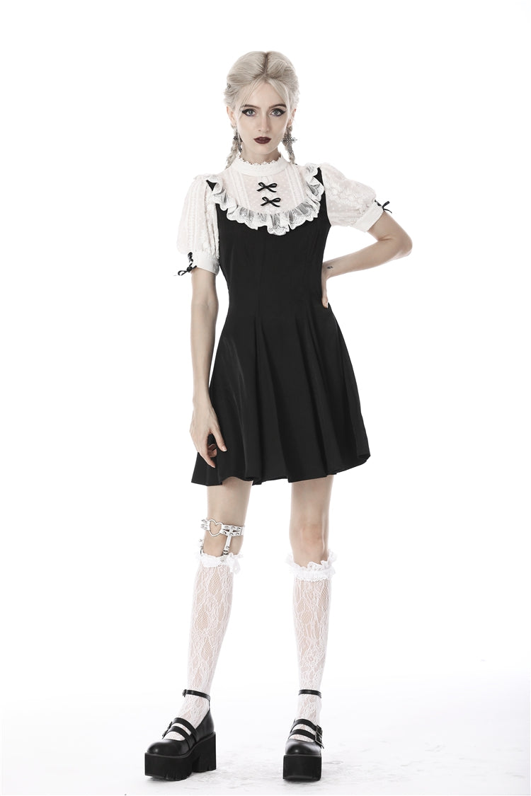 Black/White Stand Collar Short Sleeves Ruffled Women's Sweet Gothic Lolita Doll Midi Dress
