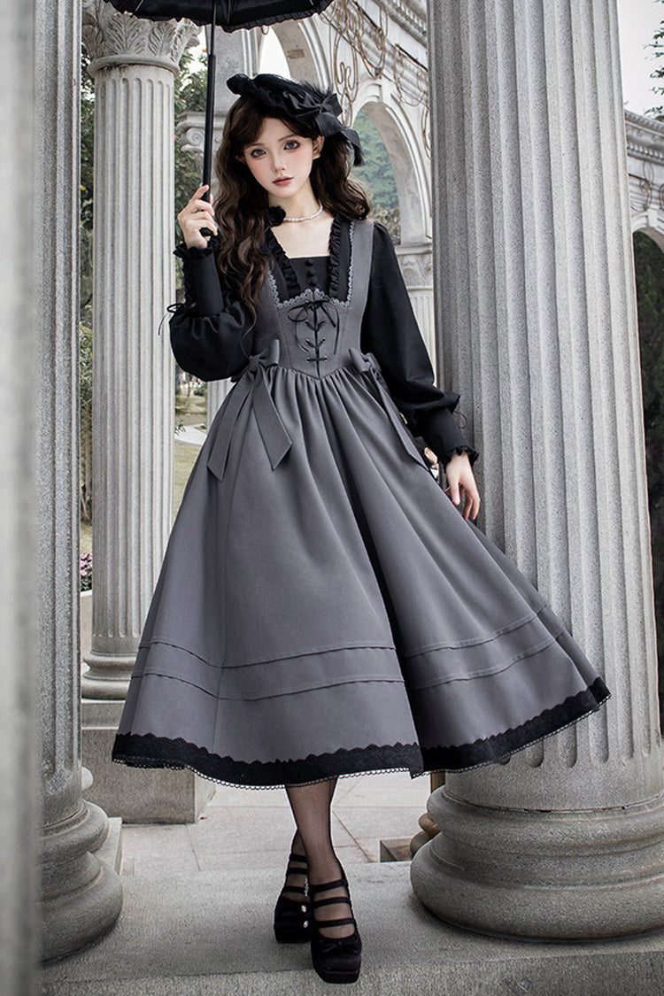 Ash Square-Collar Color-Block Lolita Gown with Lace-Up Bow