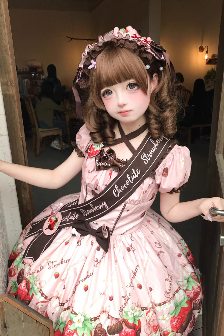 Chocolate Lover Square Collar Printed Bow Lace Sweet Lolita Dress