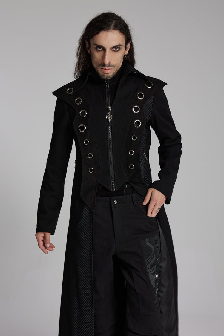 Noir Metallic Ring Zip Long-Sleeve Punk Overcoat for Men